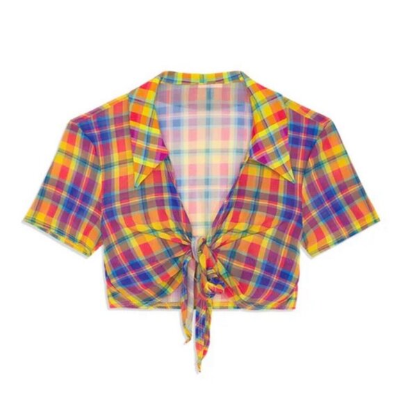 WeWoreWhat Bathing Suit Cover Up Rainbow Plaid Madras Tie Front Top Mini Sarong - Picture 2 of 16
